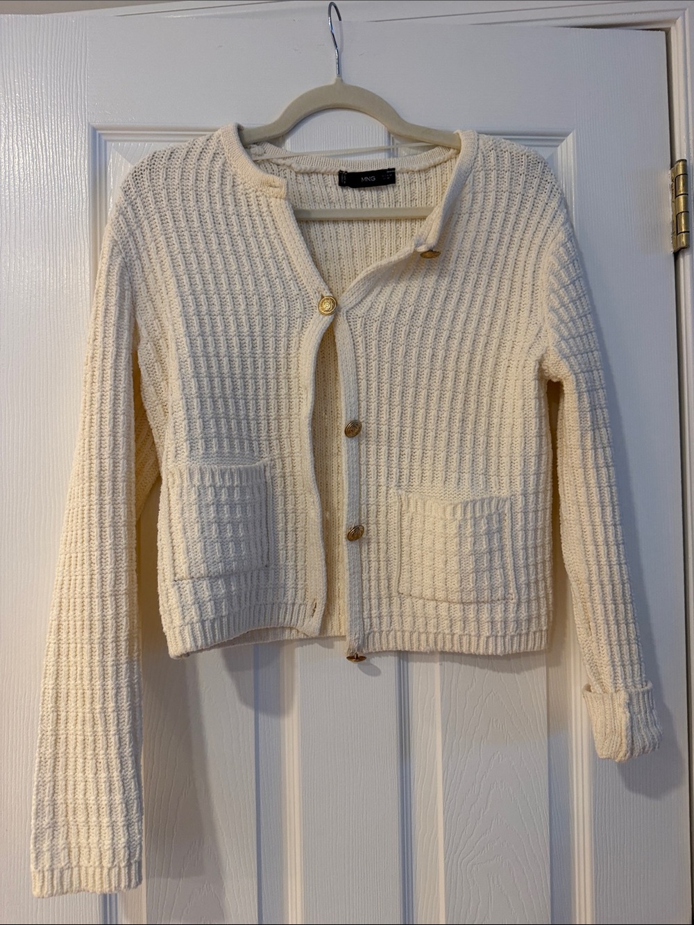 Mango Cream Textured Knit Button-Front Cardigan